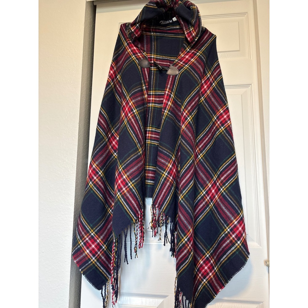 Ziacac Hooded Poncho Women OS Navy Red Plaid Excellent Toggle Fringe Wrap